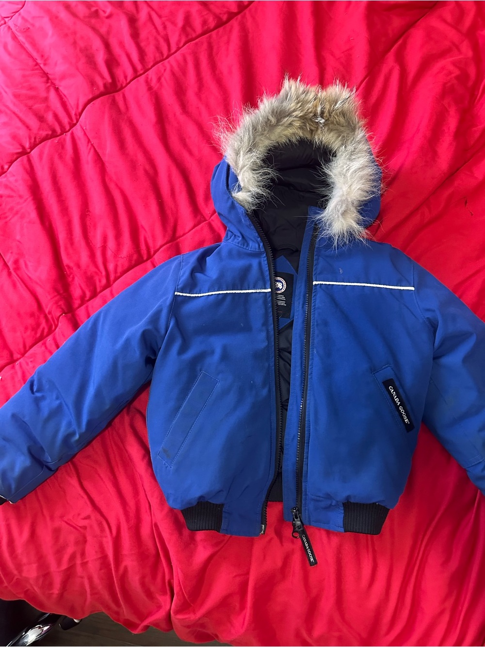 Canada Goose Kids Blue Puffer Jacket with Faux Fur Hood Trim